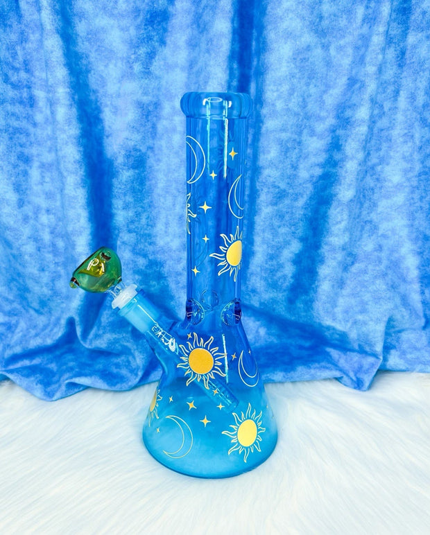 Blue Sun & Crescent Moon Glass Water Pipe/Bong