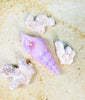 Pink seashell  hand pipe with sand background