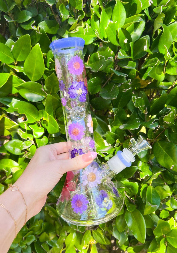 Purple Dried Floral 10 Inch Glass Water Pipe/Bong