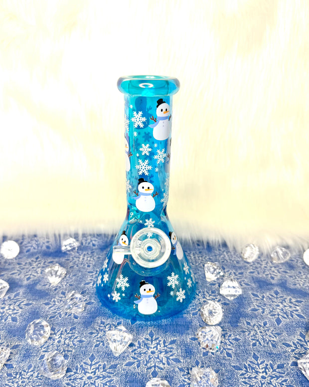 Blue Iridescent Snowman Glass Water Pipe/Bong