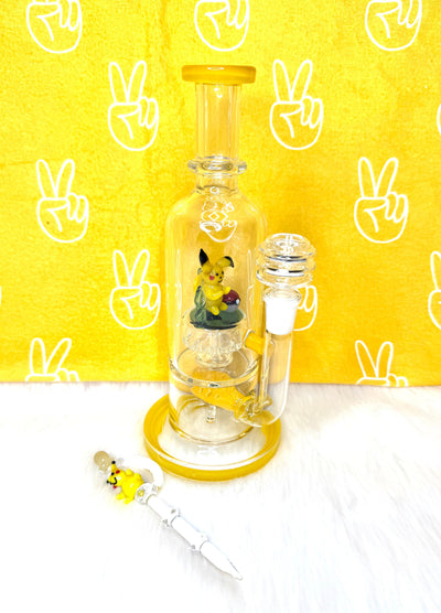 Yellow Smokemon 10in Double Perc Glass Water Pipe/Dab Rig