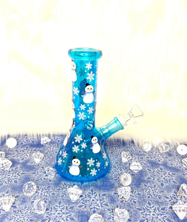 Blue Iridescent Snowman Glass Water Pipe/Bong