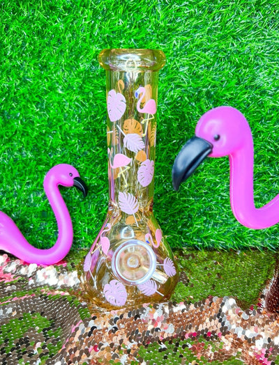 Gold Iridescent Flamingo 8in Glass Water Pipe/Bong