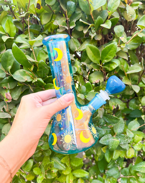 Blue Sun & Crescent Moon Glass Water Pipe/Bong