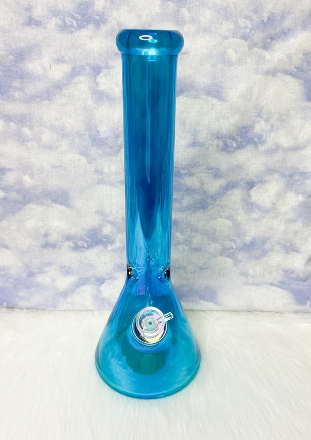 Neon Blue Iridescent 16in Glass Water Pipe/Bong