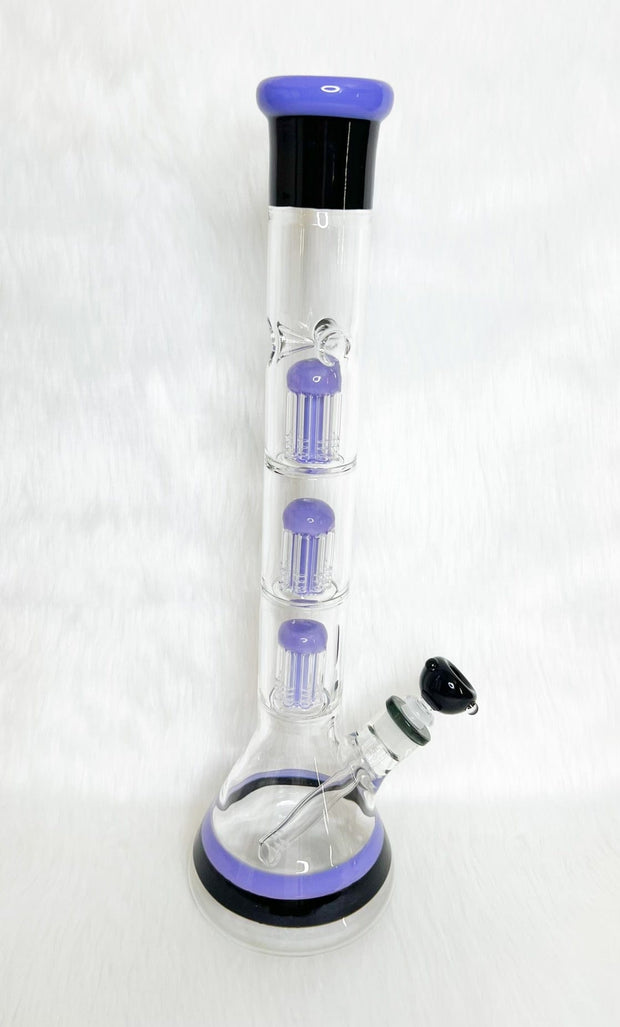 Purple & Black 18in Triple Tree Perc Glass Water Pipe/Bong