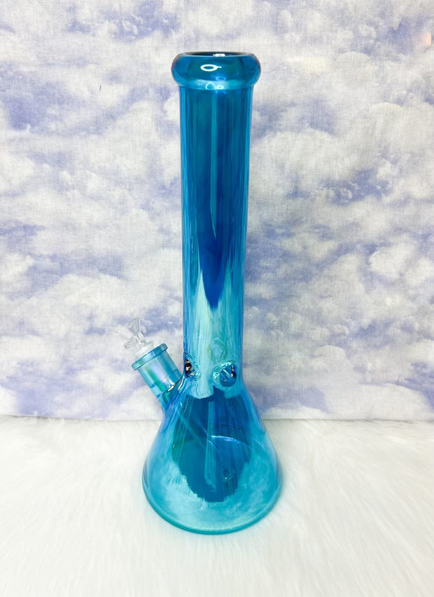 Neon Blue Iridescent 16in Glass Water Pipe/Bong