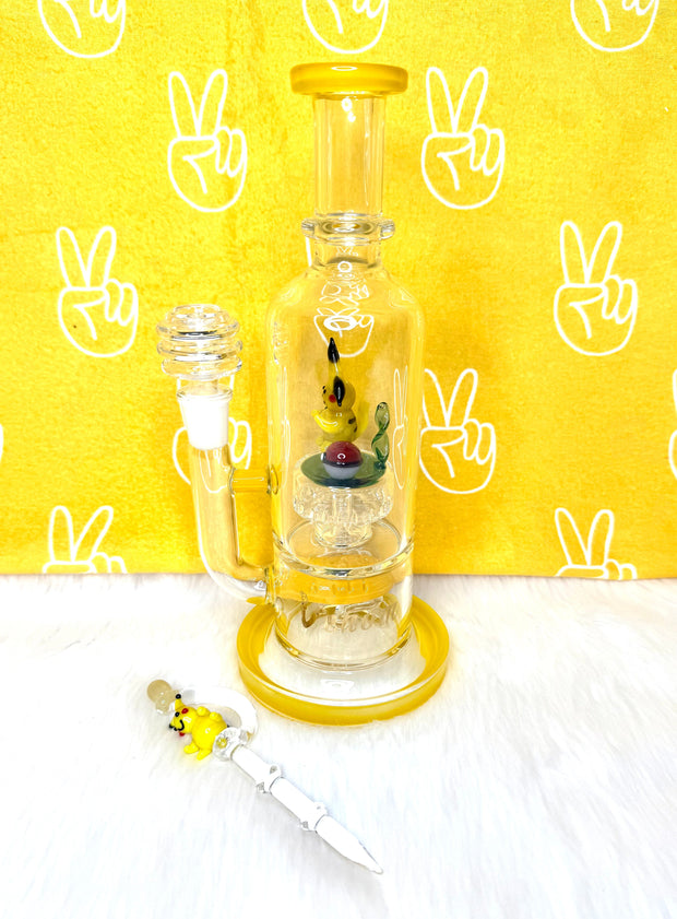 Yellow Smokemon 10in Double Perc Glass Water Pipe/Dab Rig