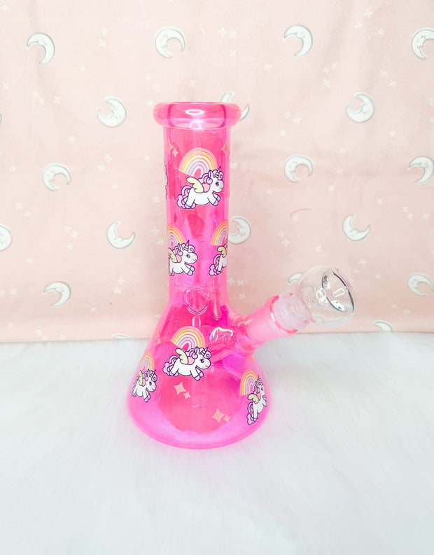 Pink Unicorn 8in Glass Water Pipe/Bong