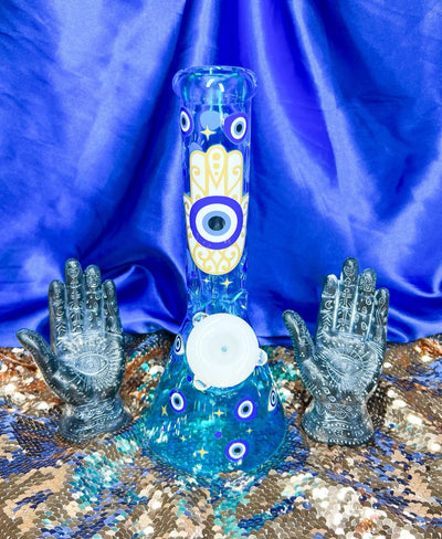 Blue Evil Eye Hamsa 10in Beaker Glass Water Pipe/Bong