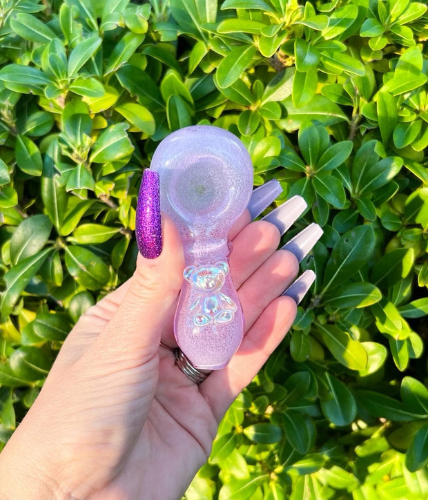 Purple Iridescent Bear Glow In The Dark Glass Hand Pipe