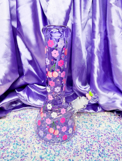Purple Daisies & Cherries 12in Glass Water Pipe/Bonge