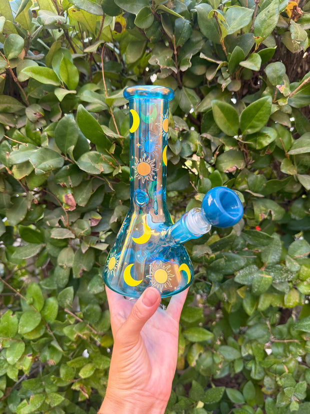 Blue Sun & Crescent Moon Glass Water Pipe/Bong