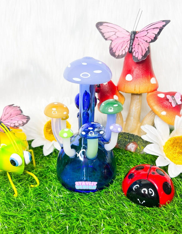 Blue Sprouting Mushrooms Glass Water Pipe/Dab Rig