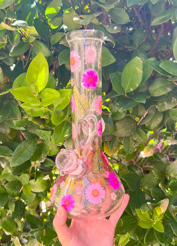 Pretty In Pink Dried Floral Implosion Glass Water Pipe/Bong