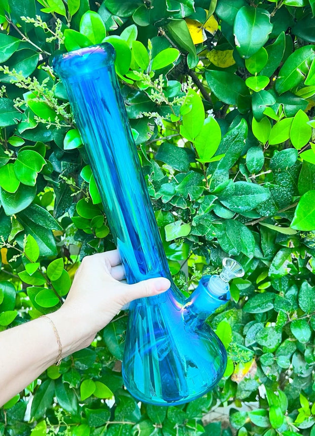 Neon Blue Iridescent 16in Glass Water Pipe/Bong