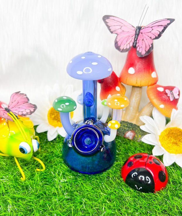 Blue Sprouting Mushrooms Glass Water Pipe/Dab Rig