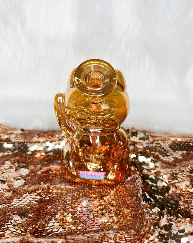 Backside of the gold iridescent cat water pipe