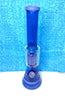 Blue 18 inch double perc glass water pipe on a blue textured background