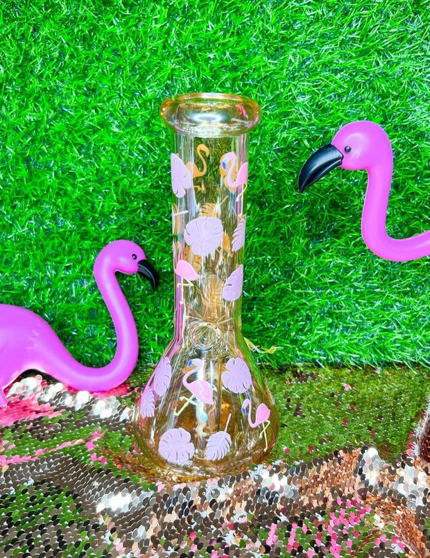 Gold Iridescent Flamingo 8in Glass Water Pipe/Bong