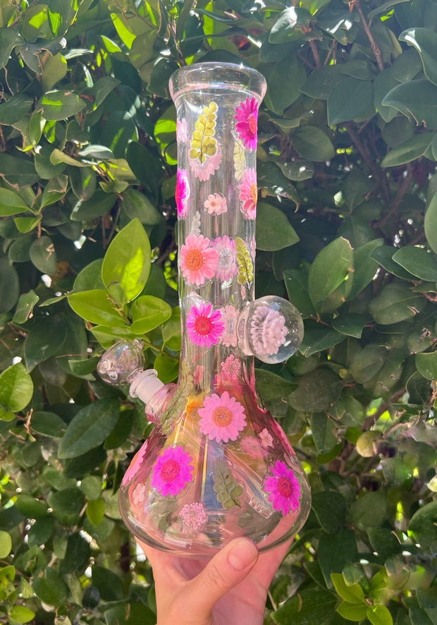 Pretty In Pink Dried Floral Implosion Glass Water Pipe/Bong