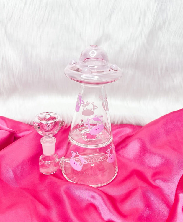 Pink Cow Abduction Glass Water Pipe/Dab Rig
