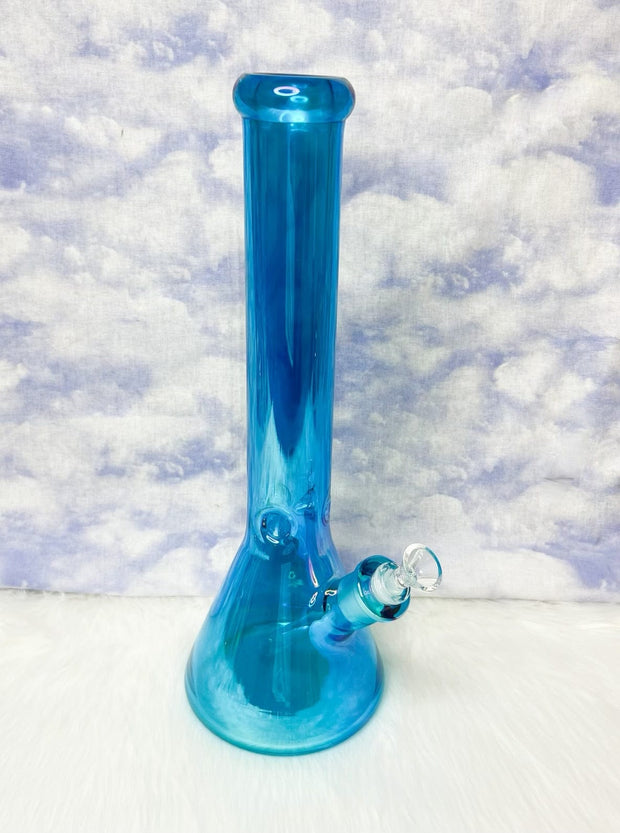 Neon Blue Iridescent 16in Glass Water Pipe/Bong