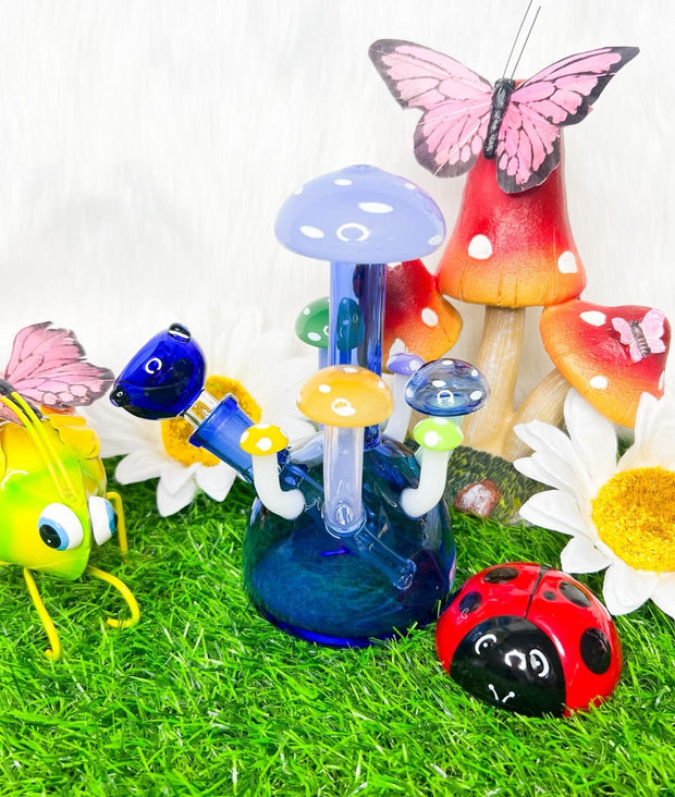 Blue Sprouting Mushrooms Glass Water Pipe/Dab Rig