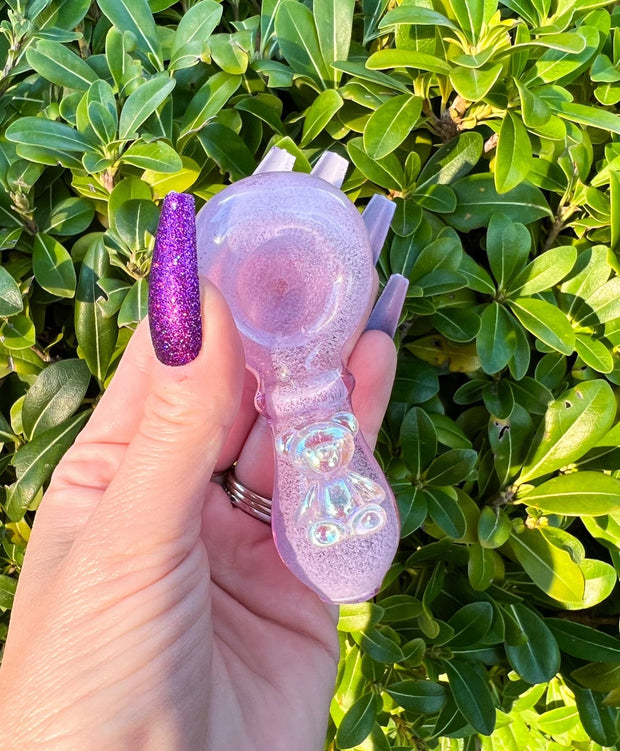 Purple Iridescent Bear Glow In The Dark Glass Hand Pipe