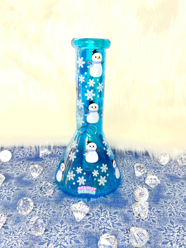 Blue Iridescent Snowman Glass Water Pipe/Bong