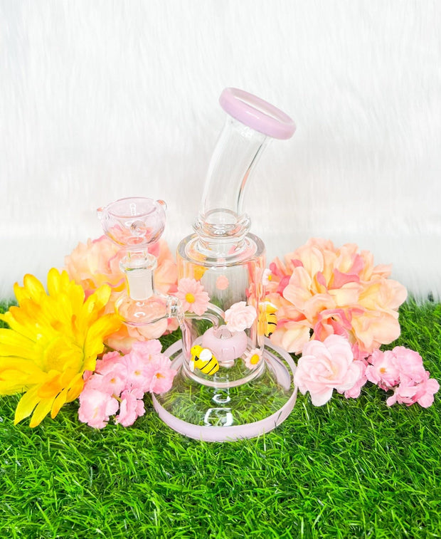 Dab Rig Bee Pink Bees & Daisies Water Pipe | Pink Bees Dab Rig
