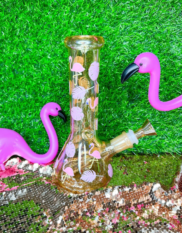 Gold Iridescent Flamingo 8in Glass Water Pipe/Bong