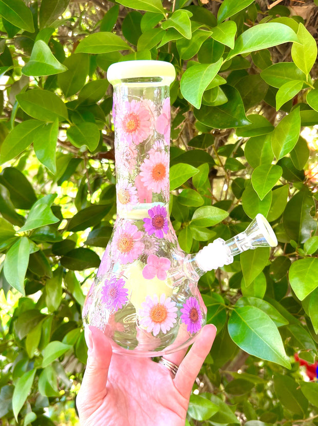 Green dried floral 8 inch bong with pink and purple dried floral