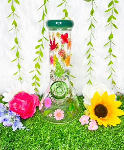 10 inch green beaker bong with rainbow dried pressed floral