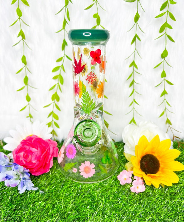 10 inch green beaker bong with rainbow dried pressed floral