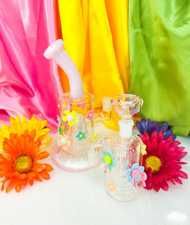 Milky Pink Rainbow Daisies 9in Glass Water Pipe/Dab Rig