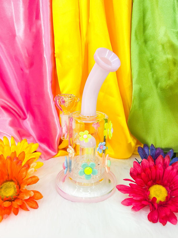Milky Pink Rainbow Daisies 9in Glass Water Pipe/Dab Rig