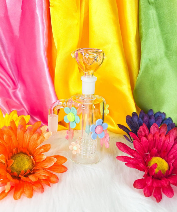 Milky Pink Rainbow Daisies 9in Glass Water Pipe/Dab Rig