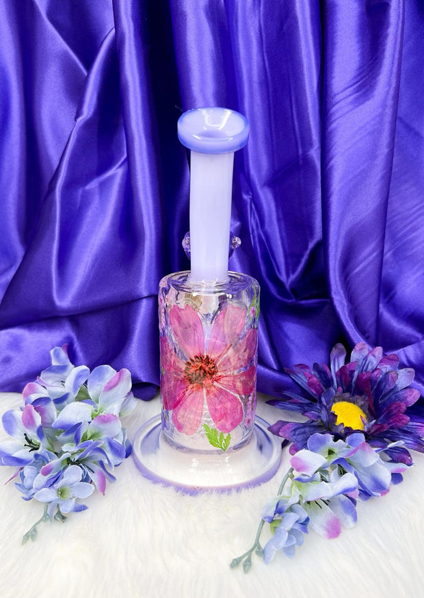 Purple Dried Flowers Glass Water Pipe/Dab Rig