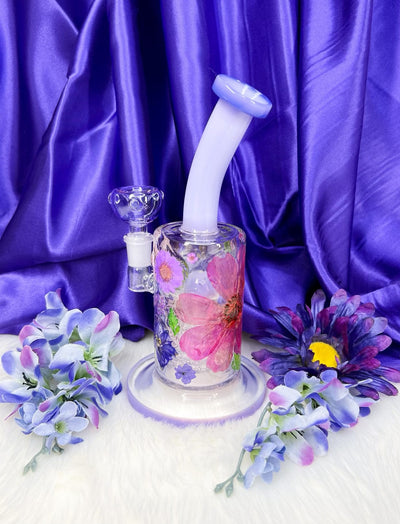 Purple Dried Flowers Glass Water Pipe/Dab Rig