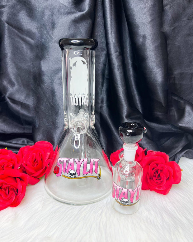 StayLit Graphics 10in Glass Water Pipe/Bong With Ash Catcher