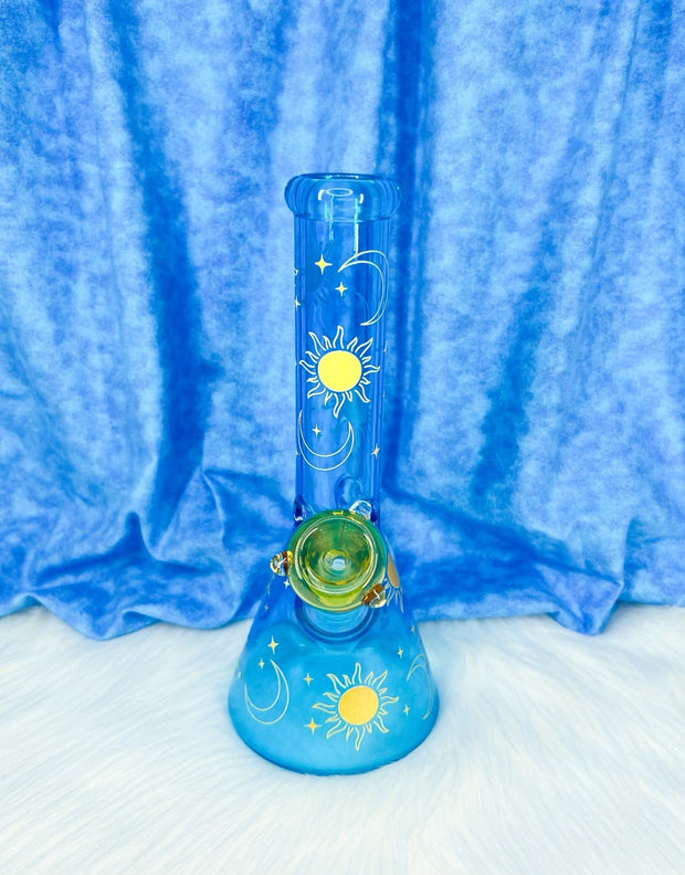Blue Sun & Crescent Moon Glass Water Pipe/Bong