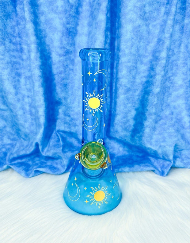 🌙 Blue Crescent Moon Glass Bong | Celestial Blue Water Pipe