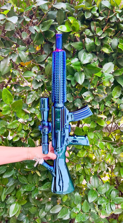 Blue Green Metallic Iridescent Assault Rifle Glass Water Pipe/Bong