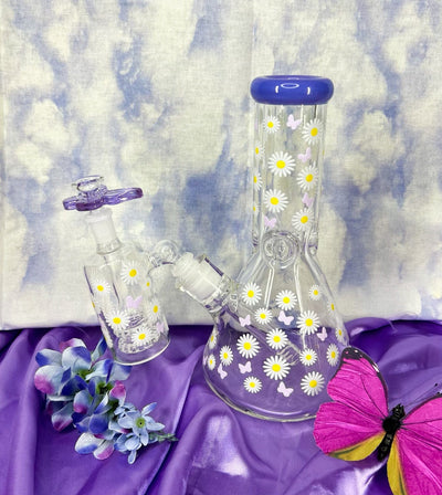 Purple Butterflies & Daisies 10in Glass Water Pipe/Bong