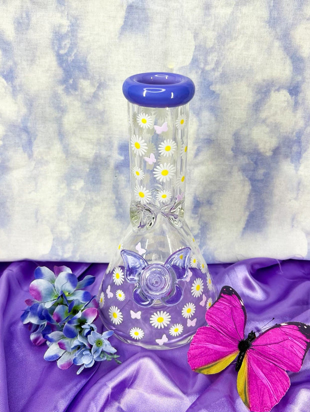 Purple Butterflies & Daisies 10in Glass Water Pipe/Bong