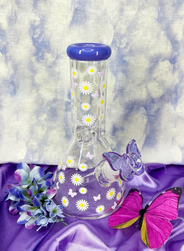 Purple Butterflies & Daisies 10in Glass Water Pipe/Bong