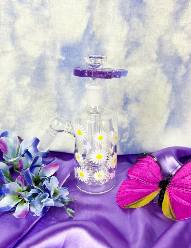 Purple Butterflies & Daisies 10in Glass Water Pipe/Bong