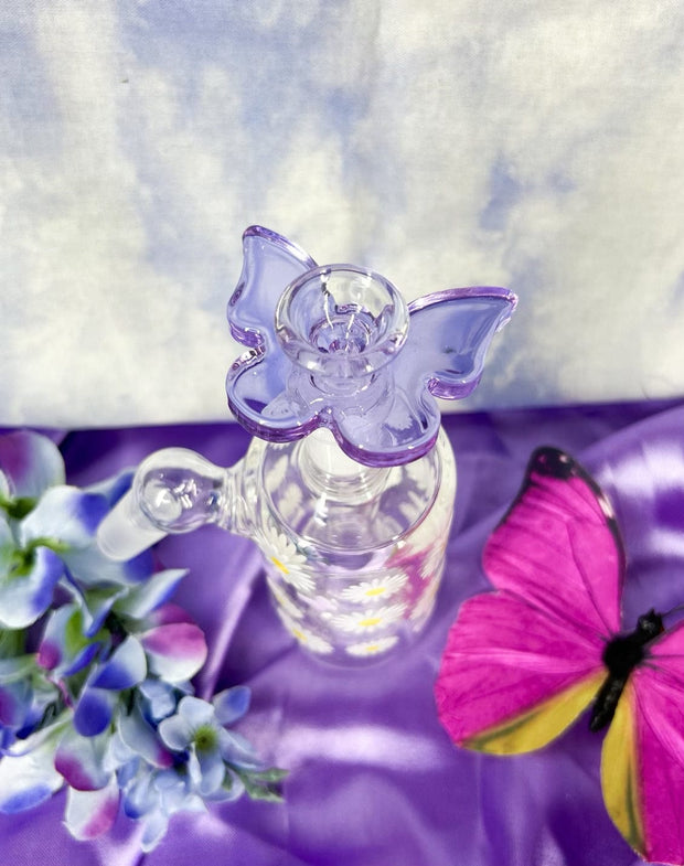 Purple Butterflies & Daisies 10in Glass Water Pipe/Bong