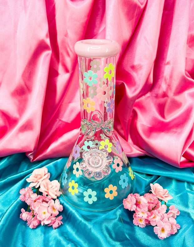Pink Rainbow Daisies 10in Glass Water Pipe/Bong